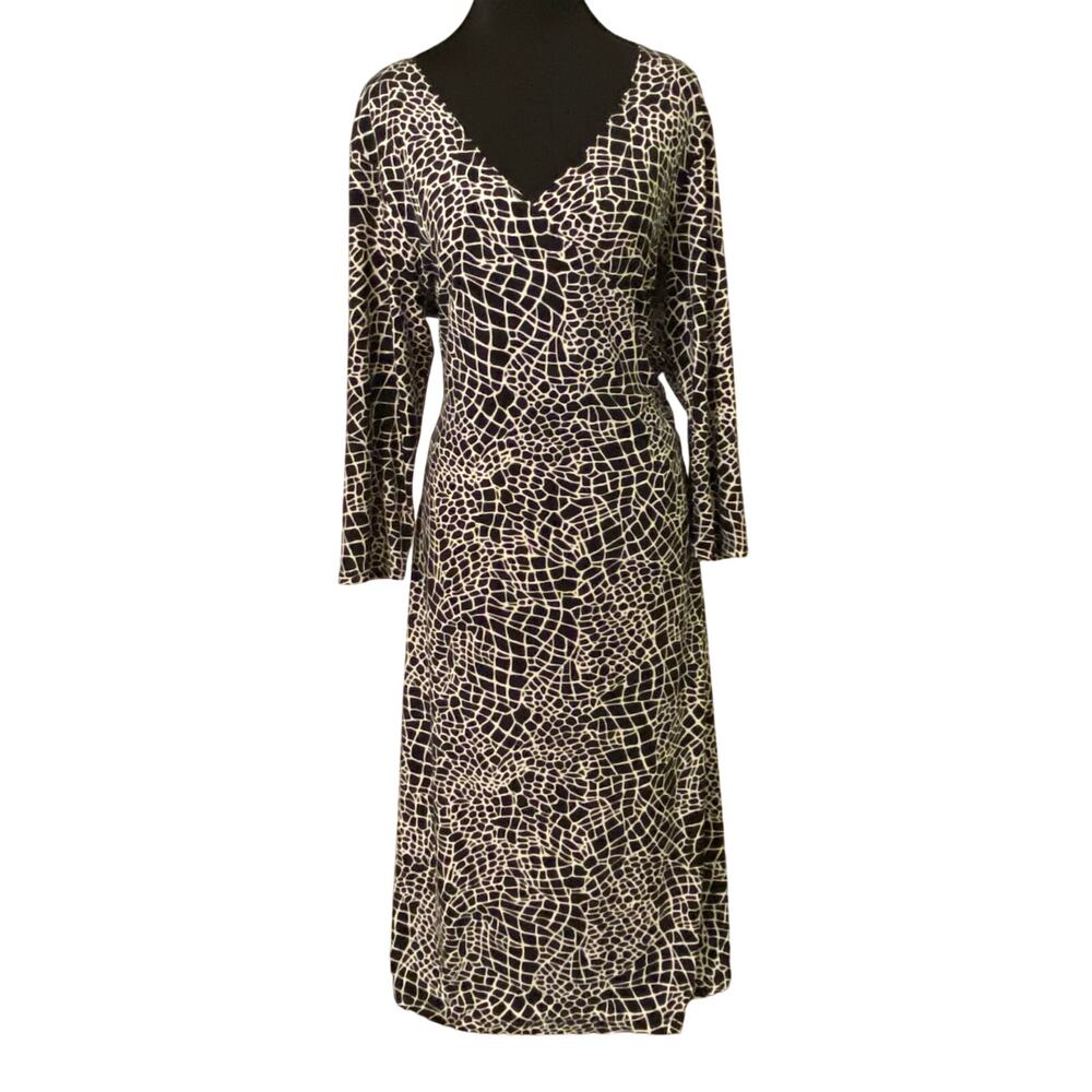 Talbots Size 12 Faux Wrap Abstract Print A-Line Dress Black White Siren Office